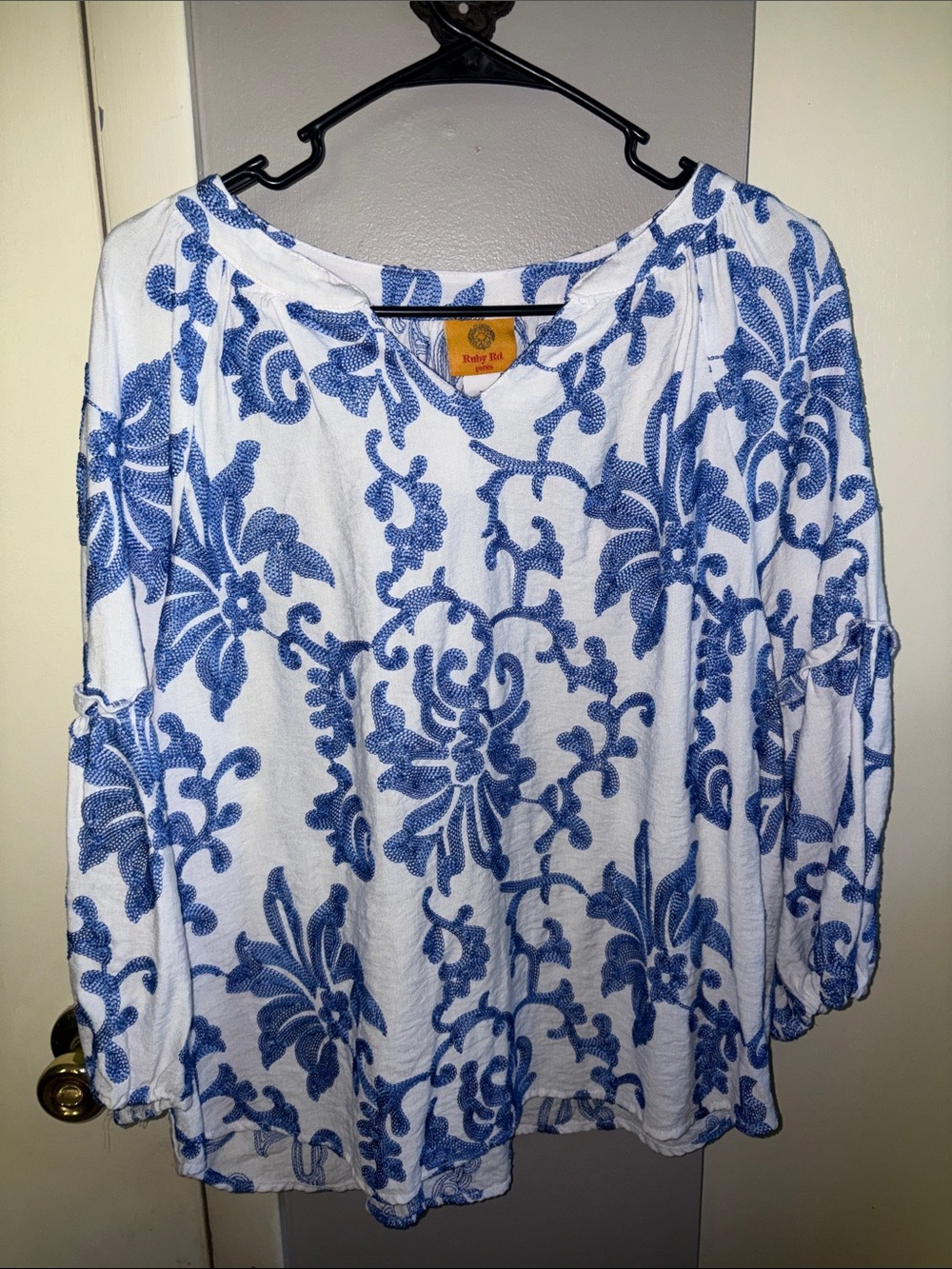 Ruby Rd. White Top with Blue Floral embroidered Print
